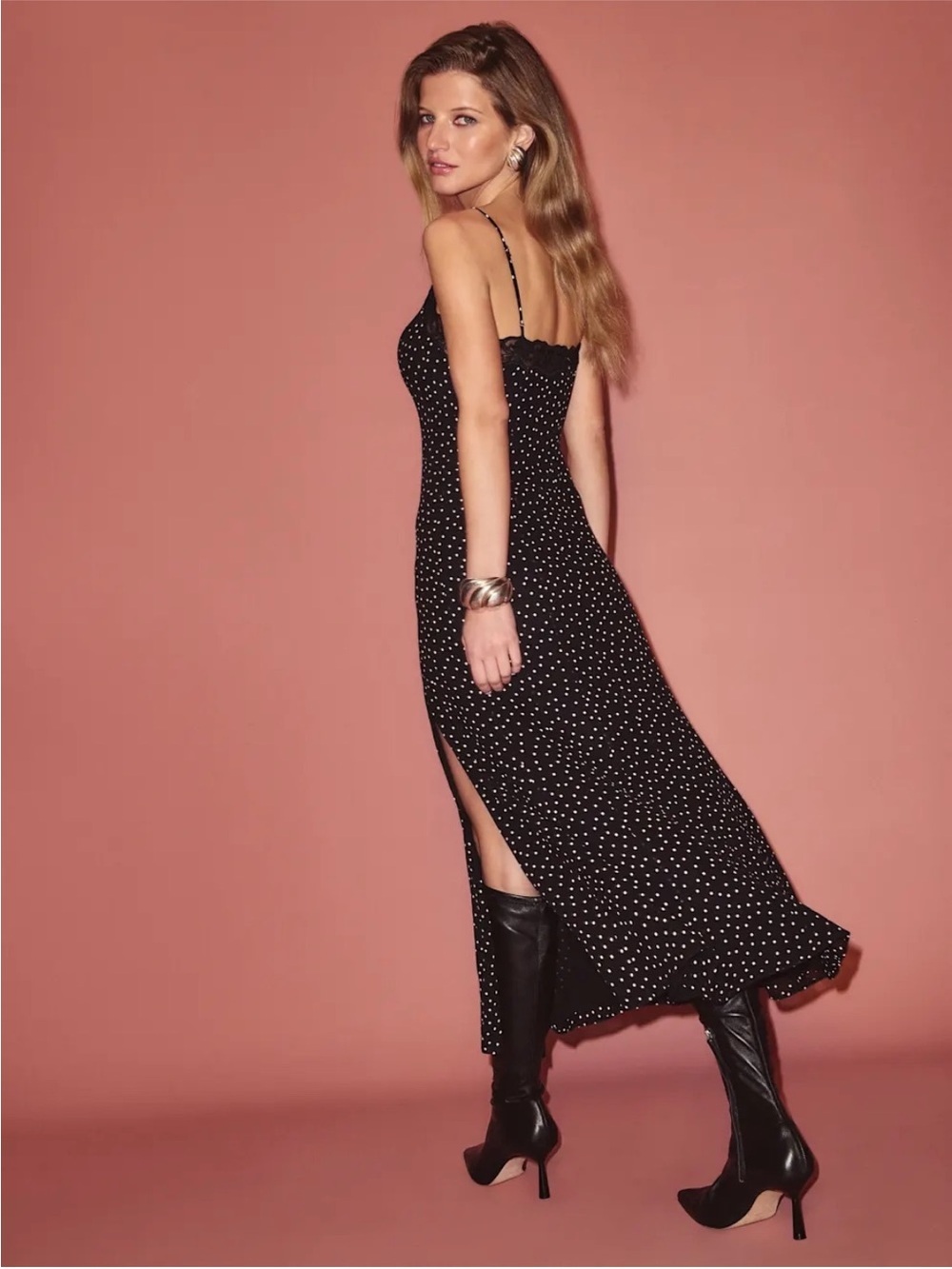 Reformation Black with White Polka Dots Lace-Trim Midi Slip Dress w/Split Sz 4 - Picture 3 of 15